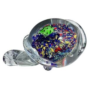 Sea Turtle & Baby Hand Blown Glass Paperweight 5" Figurine Blue Green Yellow SEE